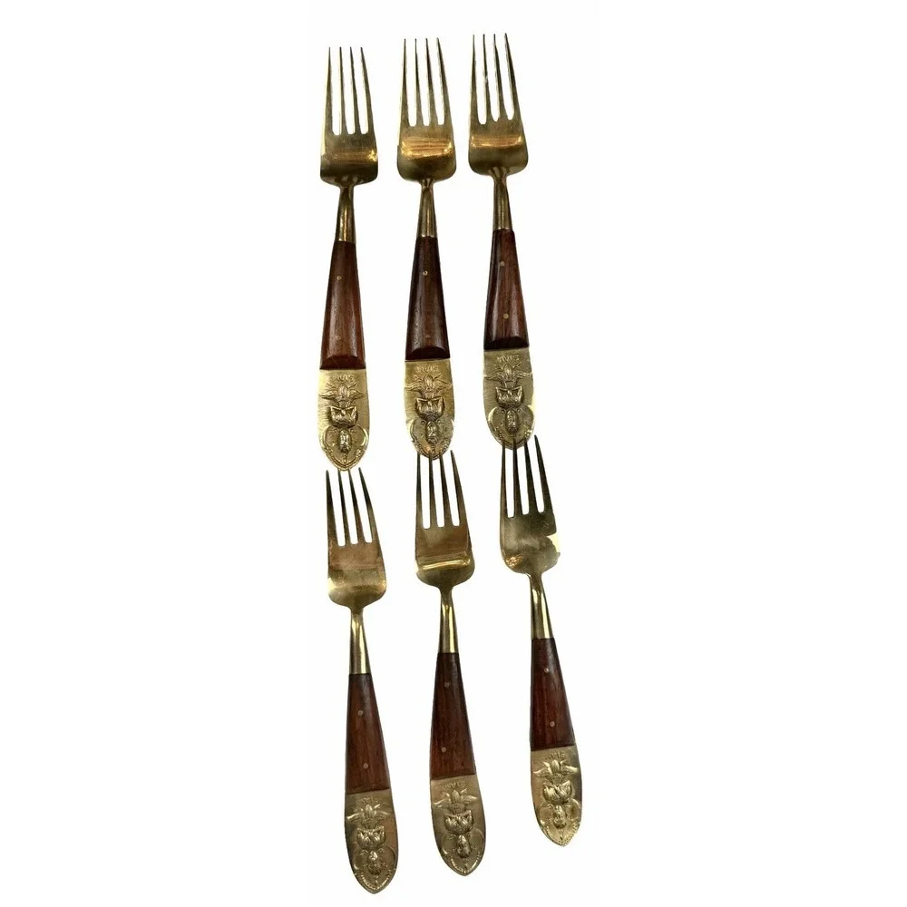 Vintage Siam Thailand Brass Buddha Flatware Set Wood Handle MCM 21pc